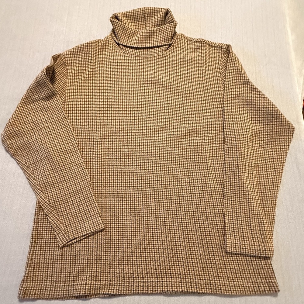St Johns Bay Mens Large Turtleneck Shirt Brown Houndstooth 100% Cotton